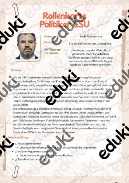 Vorschau - Stundenentwürfe - Teil 3 Planspiel Wiedereinführung Wehrpflicht - Talkshow - Seite 1