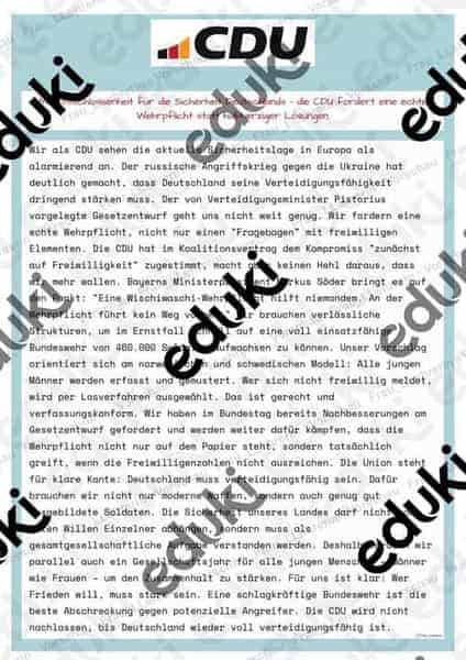 Vorschau - Stundenentwürfe - Teil 4 Planspiel Wiedereinführung Wehrpflicht - Gesetzentwurf/Plenardebatte - Seite 1